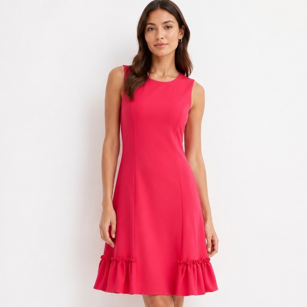 Calvin Klein Pink Sleeveless Ruffle Hem Scuba Crepe Shift Dress Womens Size 4